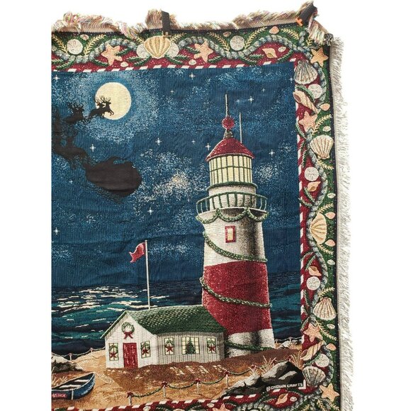 Christmas Lighthouse Woven Tapestry Throw Crown Crafts 58" X 48" Coastal Holiday - Picture 5 of 8